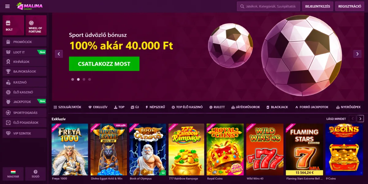 Malina Casino sport üdvözlő bónusz és exkluzív nyerőgépek