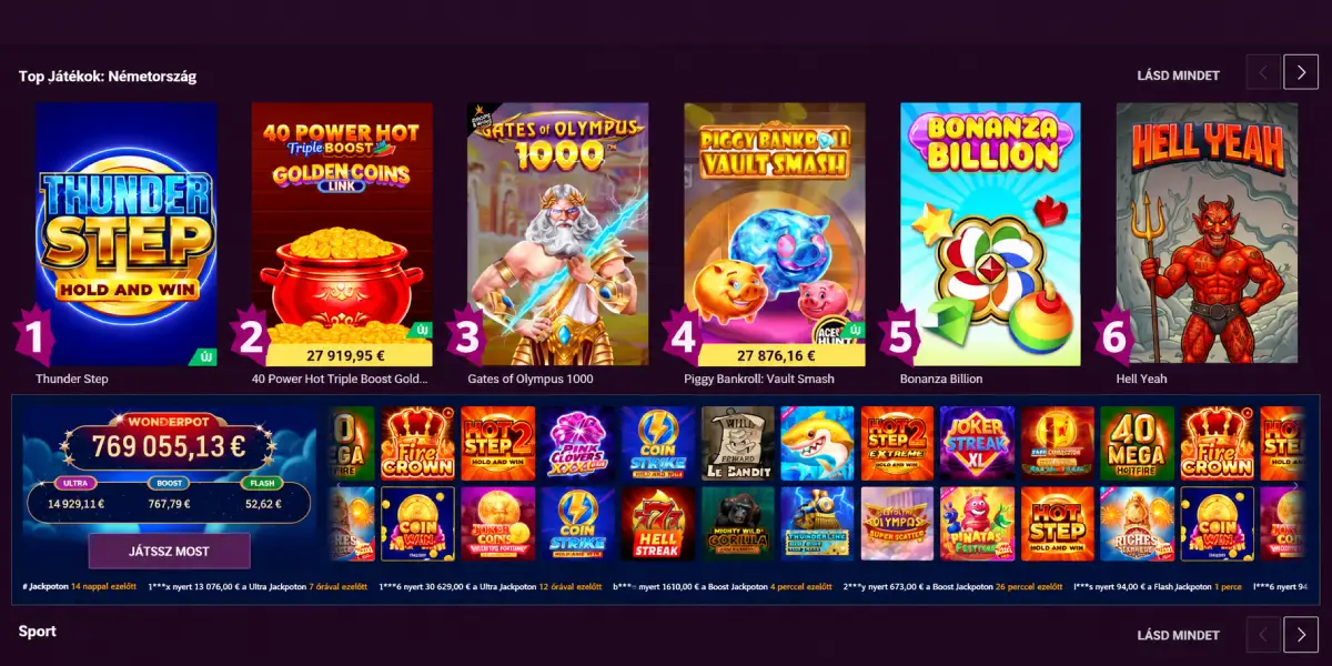 Malina Casino top játékok Wonderpot jackpot nyerőgépek kínálata
